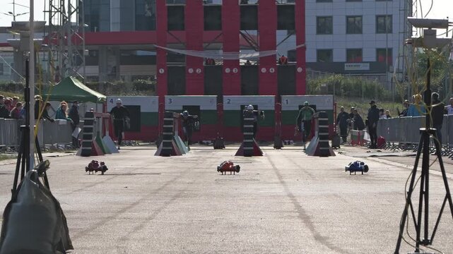 Firefighters participating in a challenging obstacle course competition