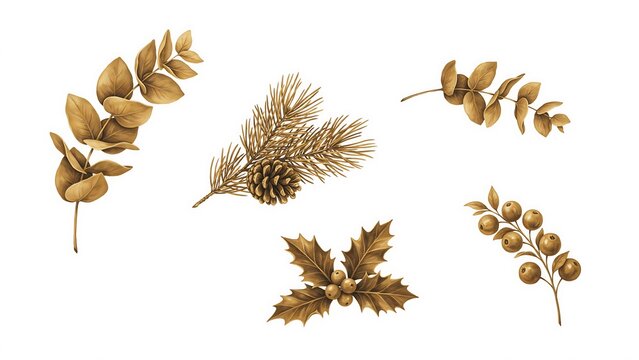 Set of watercolor botanical including eucalyptus leaves, pine branches, holly, and berries in brown tones