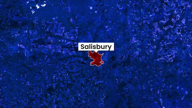 Satellite map animation zooming out from Salisbury city center
