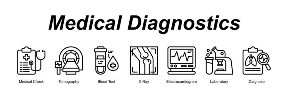Medical Diagnostics web banner icon concept for with icon of Medical Check, Tomography, Blood Test, X Ray, Electrocardiogram, Laboratory, Diagnose.