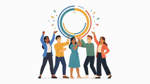 Diverse group of people holding up a circular with confetti circle