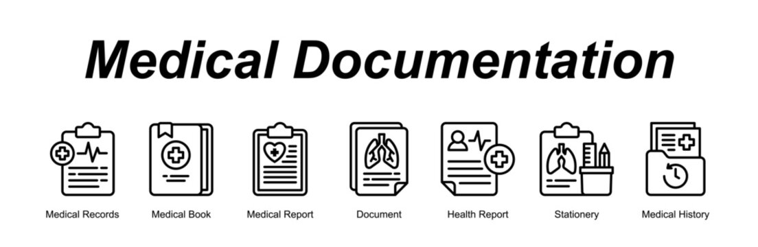 Medical Documentation web banner icon concept for with icon of Medical Records, Medical Book, Medical Report, Document, Health Report, Stationery, Medical History.
