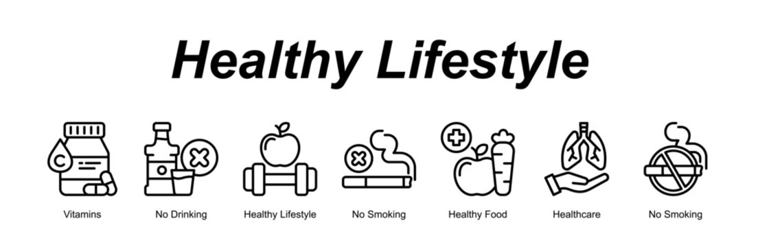 Healthy Lifestyle web banner icon concept for with icon of Vitamins, No Drinking, Healthy Lifestyle, No Smoking, Healthy Food, Healthcare, No Smoking.