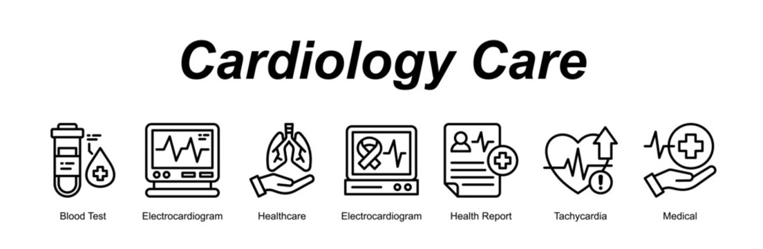 Cardiology Care web banner icon concept for with icon of Blood Test, Electrocardiogram, Healthcare, Electrocardiogram, Health Report, Tachycardia, Medical.