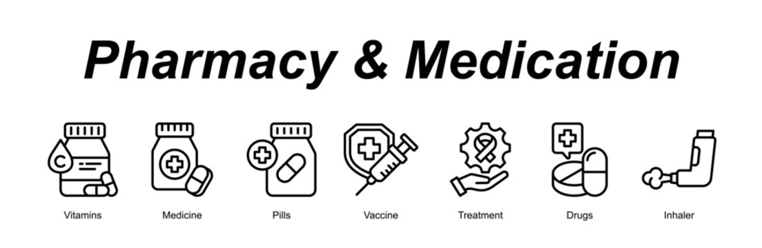 Pharmacy & Medication web banner icon concept for with icon of Vitamins, Medicine, Pills, Vaccine, Treatment, Drugs, Inh.