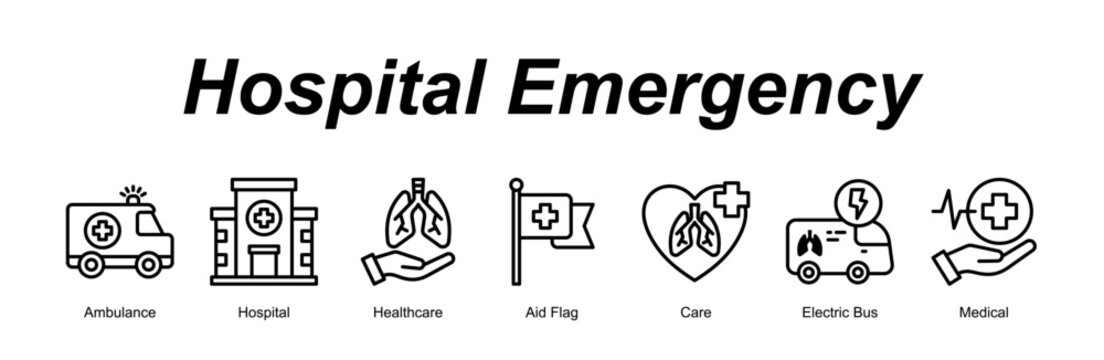 Hospital Emergency web banner icon concept for with icon of Ambulance, Hospital, Healthcare, Aid Flag, Care, Electric Bus, Medical.