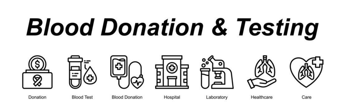 Blood Donation & Testing web banner icon concept for with icon of Donation, Blood Test, Blood Donation, Hospital, Laboratory,.