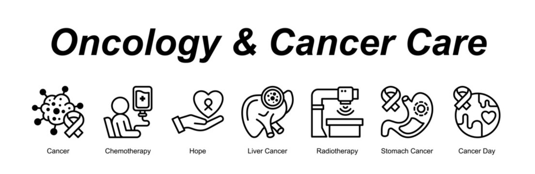 Oncology & Cancer Care web banner icon concept for with icon of Cancer, Chemotherapy, Hope, Liver Cancer, Radiotherapy, Stomach Cancer, Cance.