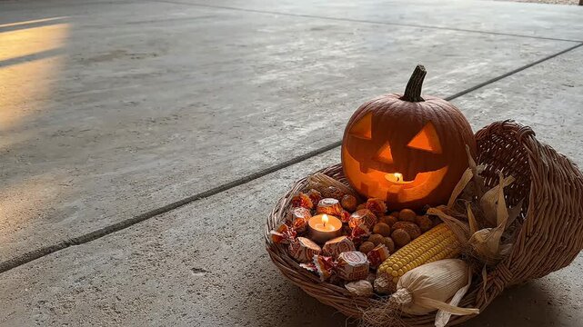 Glowing carved jack o lantern and autumn harvest corn inside a wicker basket with sweet candies for spooky celebration party during festive autumn holiday season