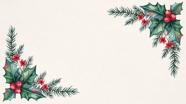 Watercolor christmas corner frame with holly leaves, red berries, and pine branches on a light cream background