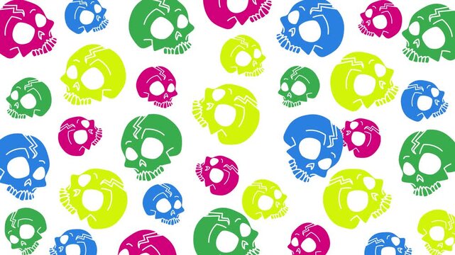 Seamless pattern of colorful stylized skulls on white background