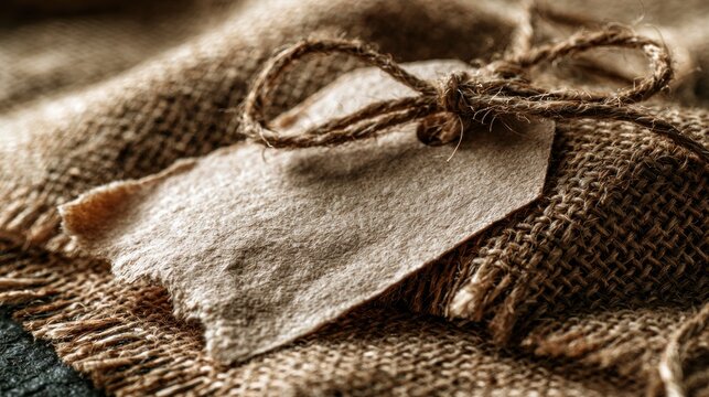 Rustic gift tag tied with twine on burlap fabric