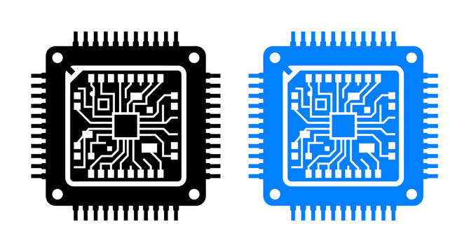 Black and blue computer processor chip icons for digital technology and hardware design