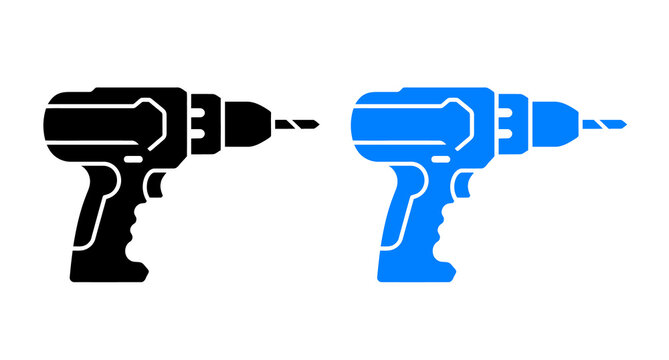 Black and blue power drill icons for construction and home repair projects in vector style