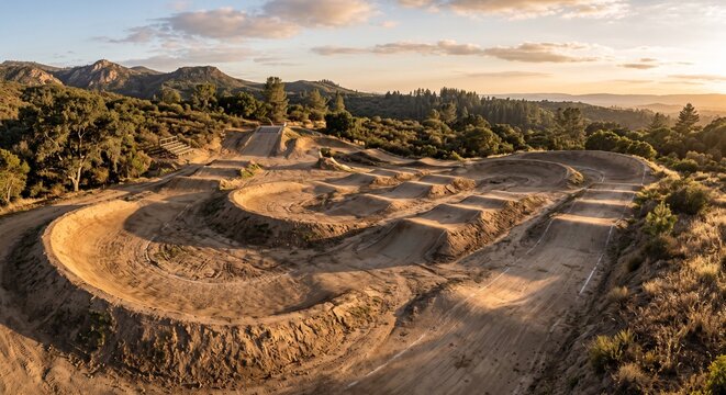 Empty BMX dirt racing track with jumps and berms at sunset, no people