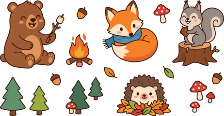 Fototapeta premium Cute Woodland Animals Vector Collection Featuring Kawaii Bear Fox Squirrel Hedgehog and Camping Elements for Kids Design Projects