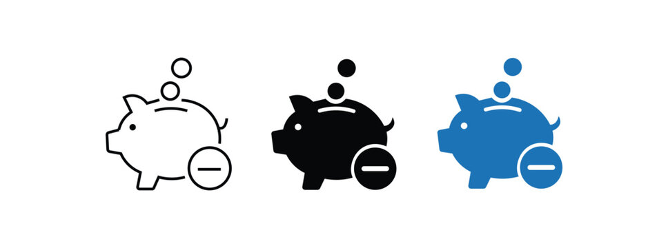 Set of piggy bank icons with minus sign, financial deduction, savings withdrawal, money reduction, vector illustration