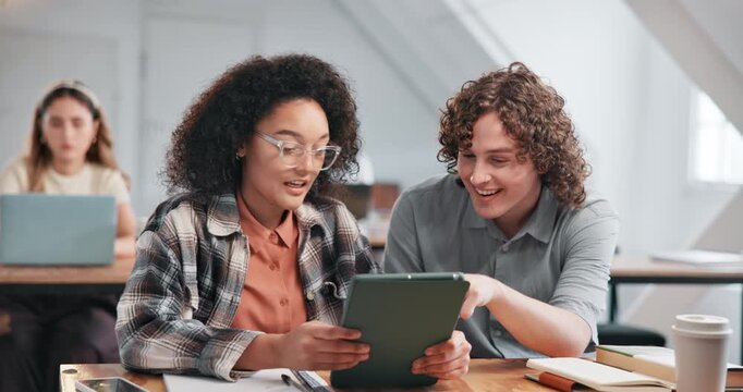 College, students and tablet in class with laugh, trending exam meme or online campus gossip. Tech, people and happy in tutorial for comic group chat, viral university video and study break with joke