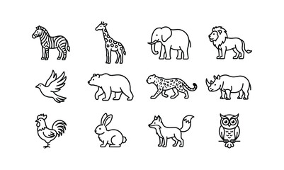 Fototapeta premium Collection of animal line drawings depicts a zebra giraffe elephant lion and other wildlife bear cheetah rhino rabbit fox owl rooster pigeon fauna species mammal