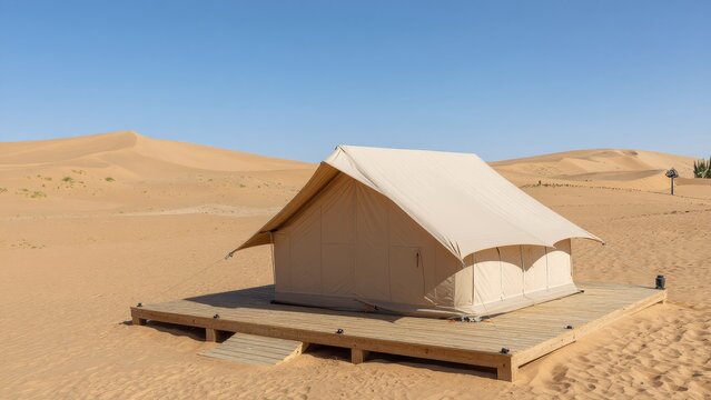 Cozy Tent on Wooden Deck in Expansive Desert Landscape