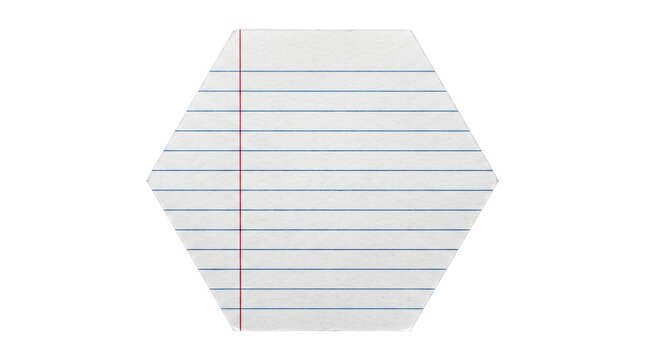 Notebook paper cut into a geometric hexagon shape displaying horizontal blue lines and a red margin line.