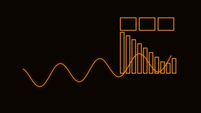 Glowing orange data visualization charts animate on black background