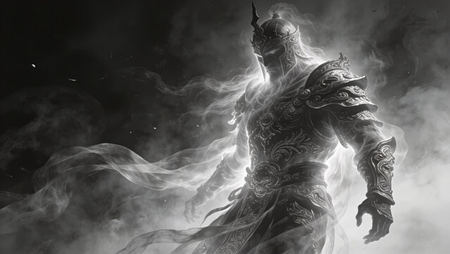 Mysterious fantasy warrior in intricate silver armor emerging