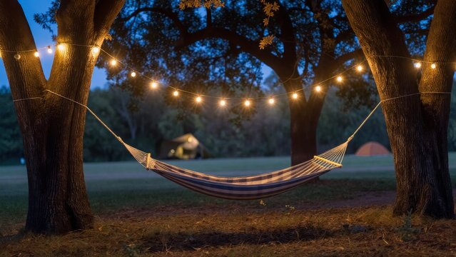Cozy Hammock Under String Lights in Serene Outdoor Setting