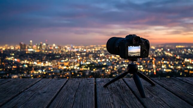 Low angle shot of camera on wooden deck with blurred cityscape in background, dusk lighting, professional stock photo