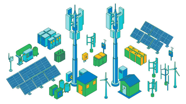 Isometric of smart renewable energy infrastructure and technology components