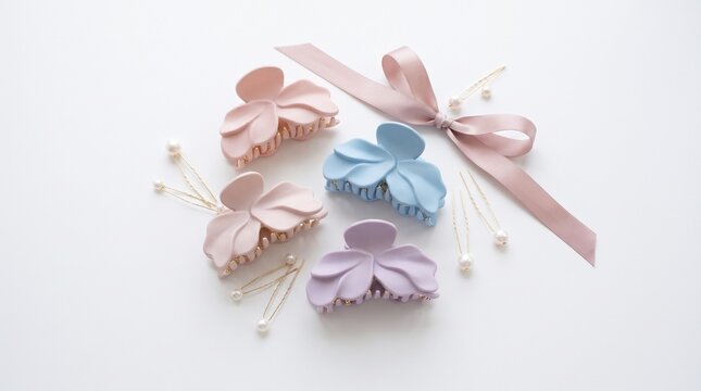 Pastel claw hair clips with floral and ribbon decorations arranged on a white background, feminine fashion accessory collection for hairstyles, beauty, weddings, gifts, and styling