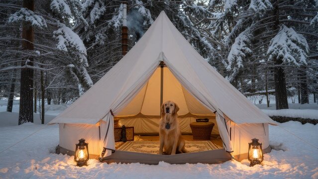 Cozy Winter Camping Scene with Tent, Lanterns, and Golden Retriever