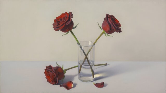 Three Vibrant Red Roses in a Clear Glass Vase on a Minimalist Background