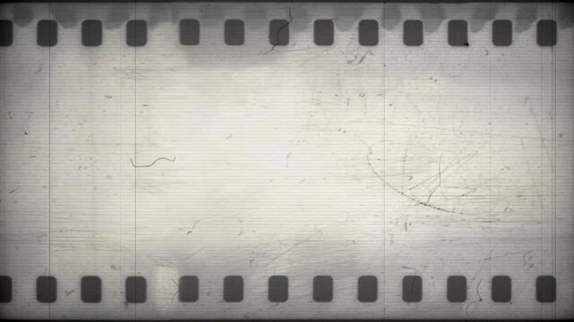 Vintage old film strip background with aged celluloid texture, film grain, dust, scratches, dirt, flicker and monochrome tones suitable for vintage videos, overlays