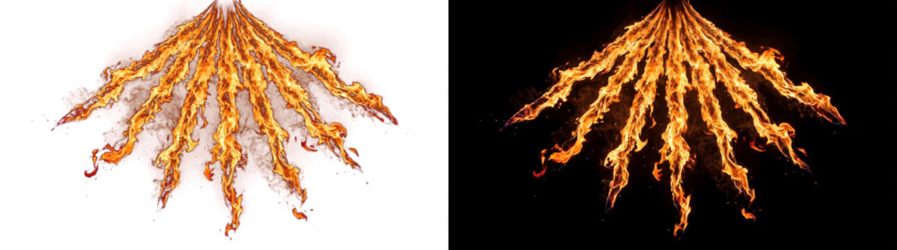 Png of dynamic fanshaped fire burst with multiple flames spreading outwards, isolated on transparent background