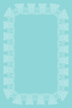 Lace border, vintage-style abstract white frame, blue background.