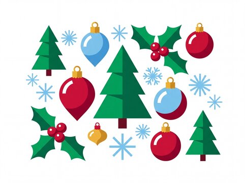 Christmas decoration vector set featuring evergreen trees, baubles, holly berries, and snowflakes isolated on white background