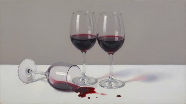 Glasses of Red Wine with Spilled Liquid on a White Tablecloth