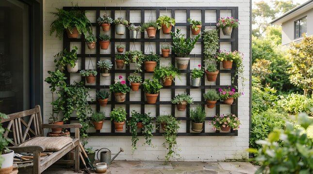 Outdoor urban garden setup featuring a vertical greenery wall with potted plants and a wooden bench for relaxation and gardening activities