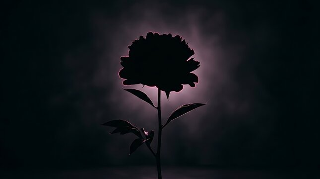 Single stem pink peony silhouetted against dark background with soft backlight glow, minimalist floral art
