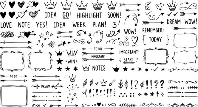 Black hand drawn bullet journal elements and text on transparent background for planning and notes layout