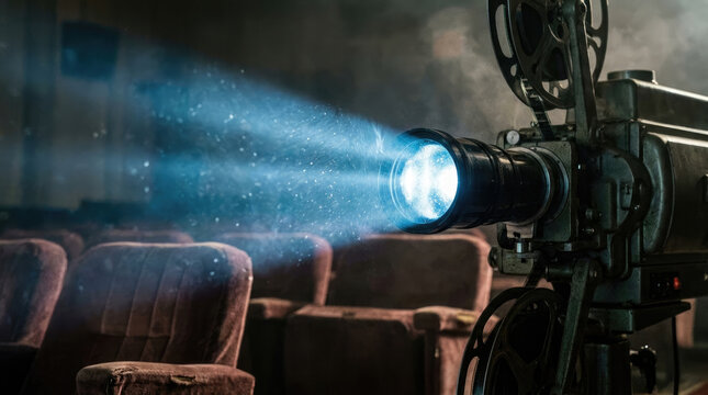 Vintage projector emits bright beam in empty theater, creating nostalgic atmosphere