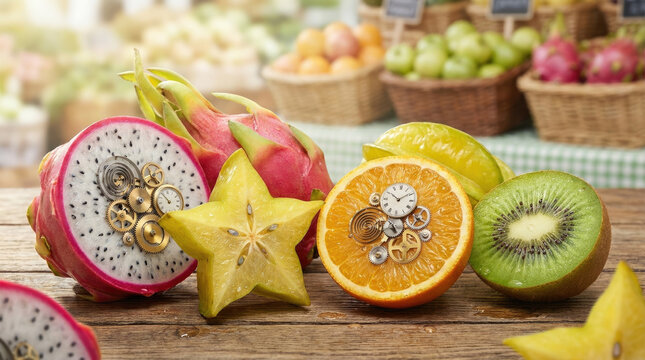 Fruits with clockwork inside, showcasing creativity and uniqueness