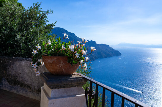 Terrace of Infinity inside the iconic Villa Cimbrone, historic villa in Ravello, on the Amalfi Coast