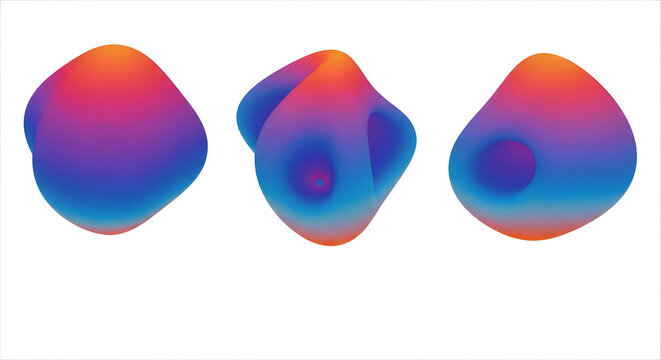Set of three abstract fluid organic shapes with vibrant gradient transitions featuring smooth iridescent textures and modern artistic forms