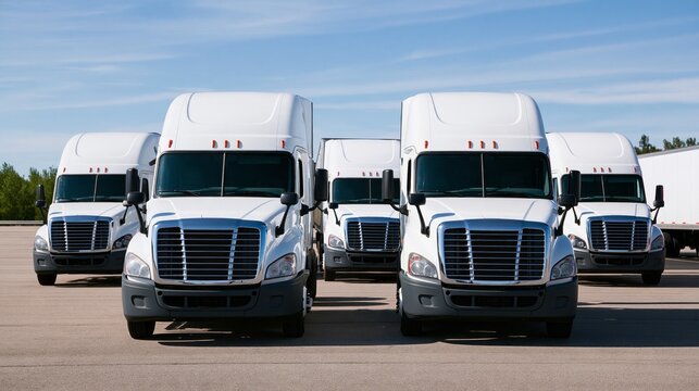 White trucks line up under clear blue skies