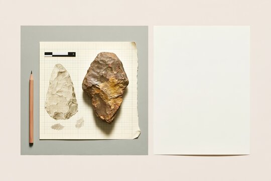 Paleolithic flint hand axe and a pencil drawing of its flake scars on gridded paper, a weathered stone age study for textbook
