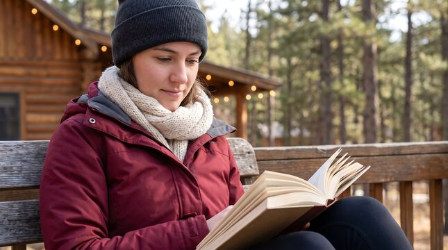 Young woman in winter attire reading a book on a rustic cabin porch surrounded by pine trees.