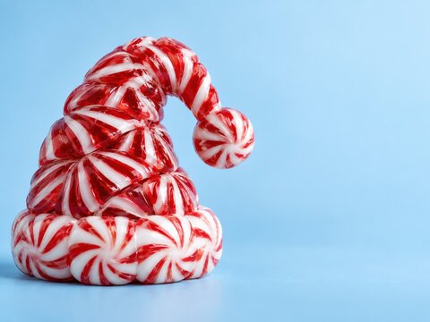 Santa hat made of red and white peppermint candy with a translucent sugar glass texture on a blue background, featuring copy space for holiday sales