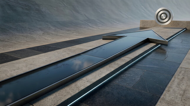 Black metallic arrow pointing forward along a textured path towards a circular target